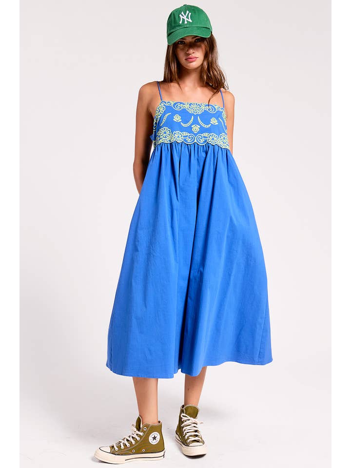 Camellia Embroidered Midi Dress in Royal Blue | Ultramarine