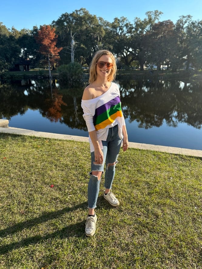 Mardi Gras Creations Mardi Gras Creations Mardi Gras Stripe Off Shoulder Jersey Top in Off White - Little Miss Muffin Children & Home