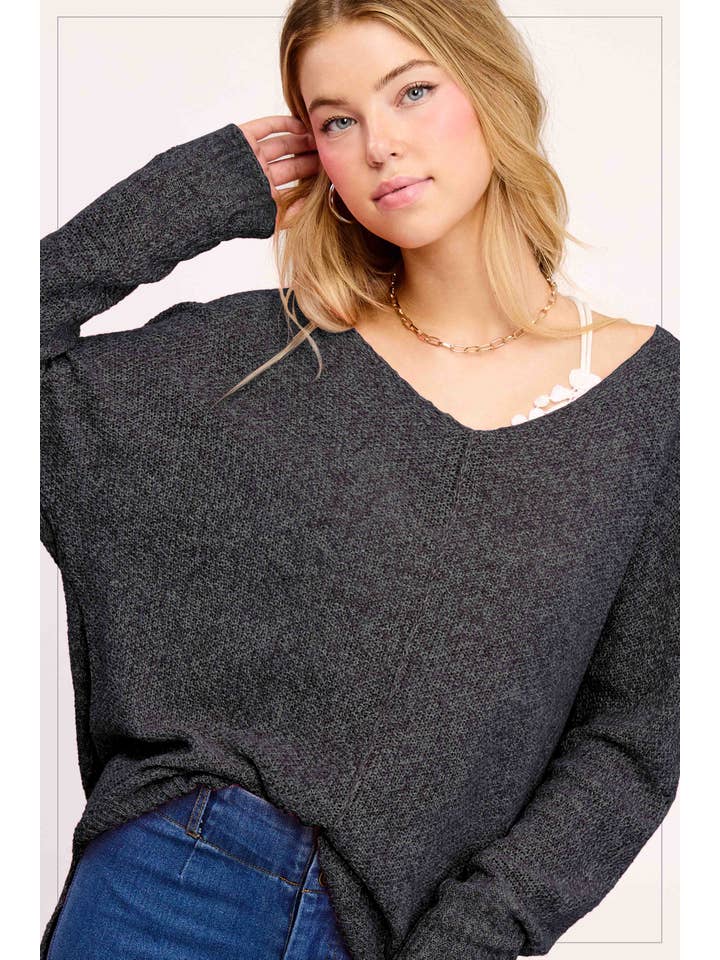 La Miel La Miel Lightweight Loose Fit V-Neck Sweater in Black - Little Miss Muffin Children & Home
