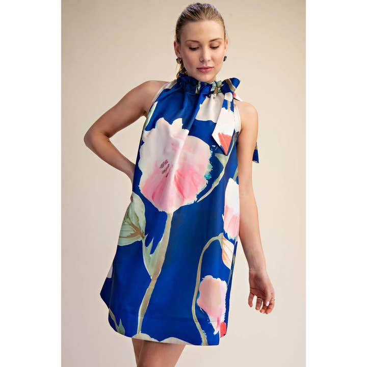 Floral Print Ruffle Tie Neck Sleeveless Mini Dress