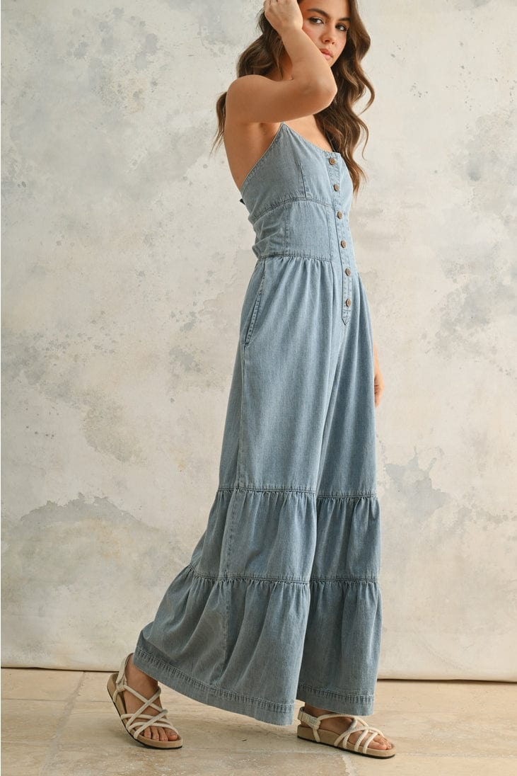 Miou Muse Tiered Bottom Detail Chambray Denim Jumpsuit - Little Miss Muffin Children & Home