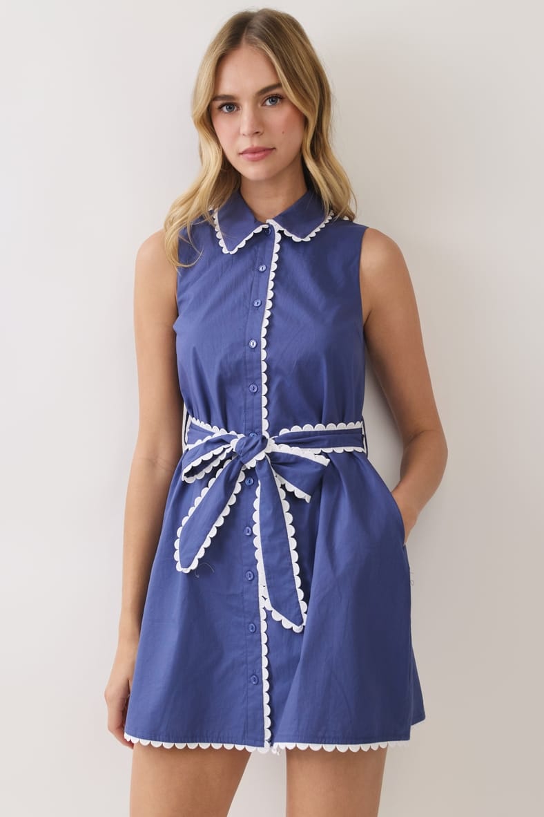 Scallop Trim Sleeveless Mini Shirt Dress with Sash Belt