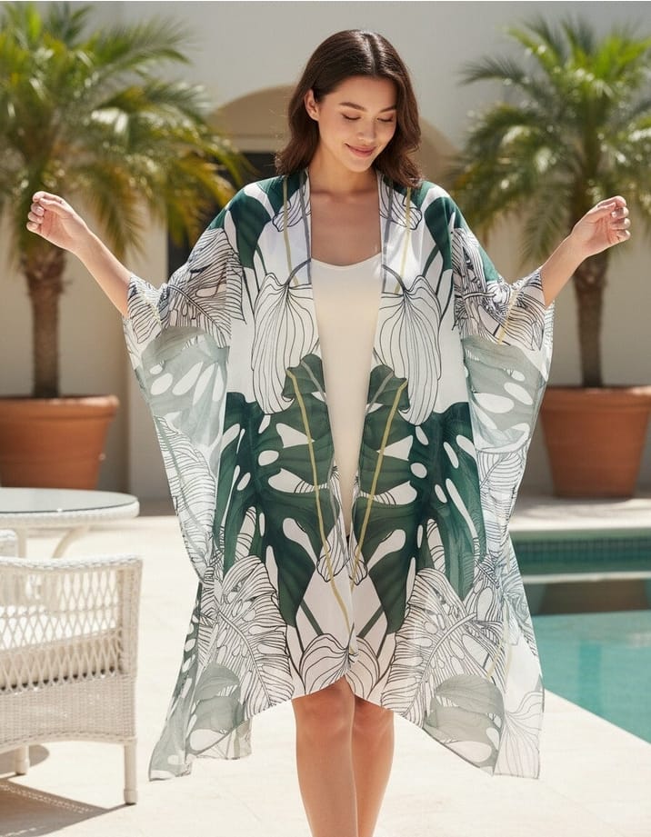 White-Dark Green Tropical Leaf Kimono