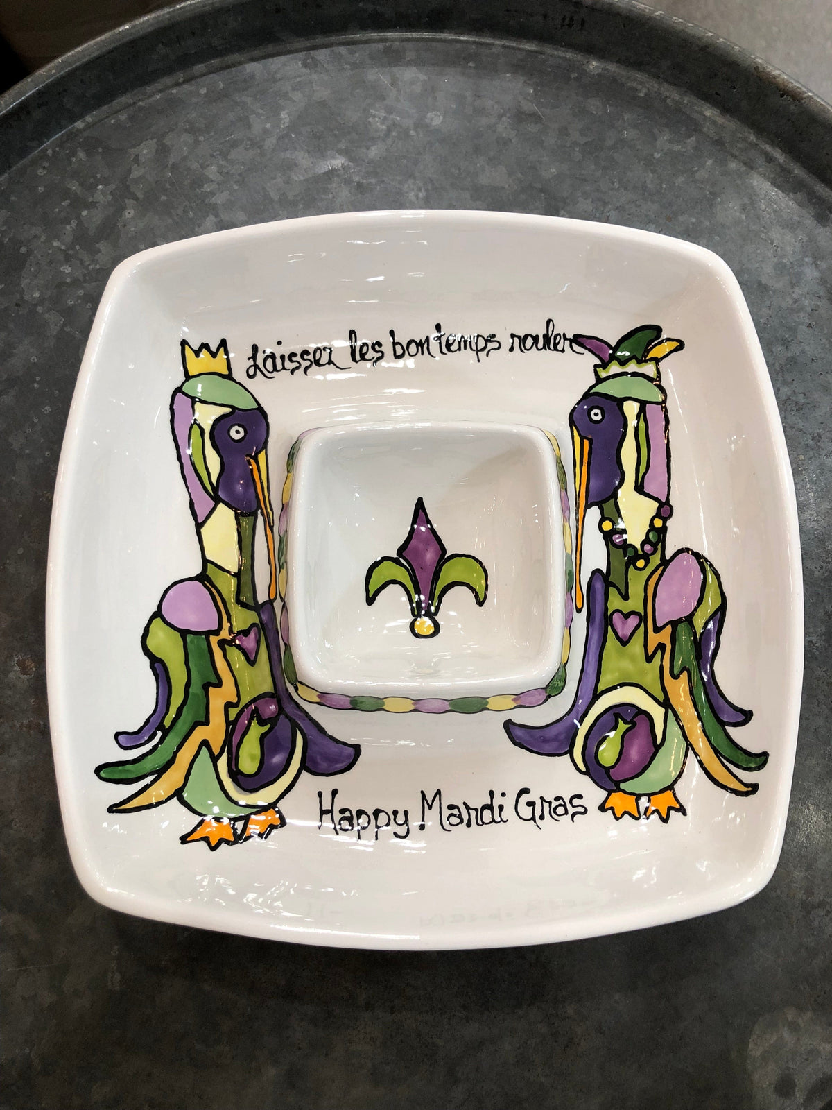 Jan Salzer Art Mardi Gras Pelican FDL Square Chip & Dip - Little Miss Muffin Children & Home