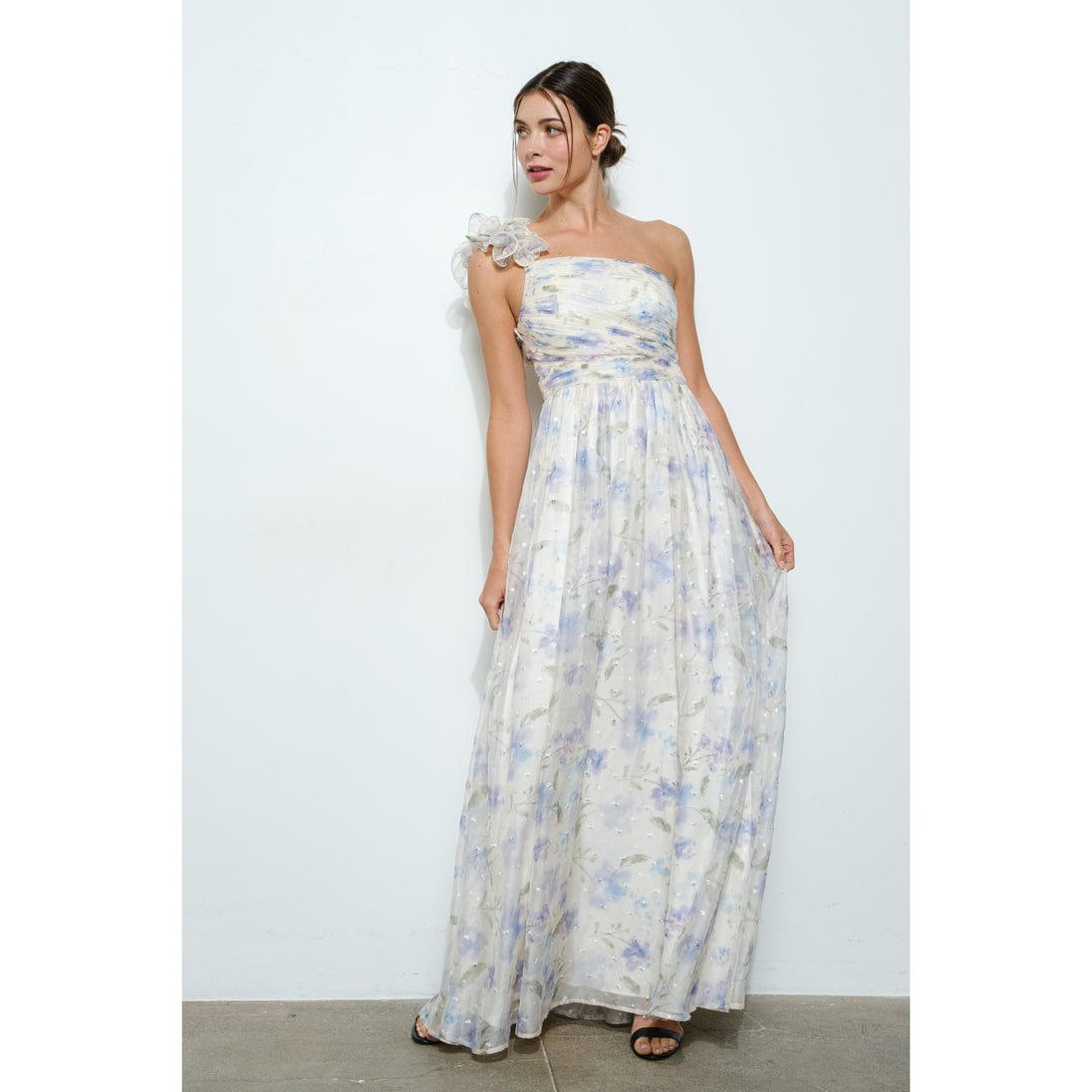 Floral One-Shoulder Lace Up Back Chiffon Maxi Dress Ivory Floral / S
