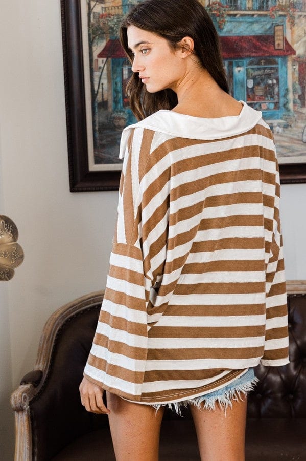 Bucketlist Bucketlist Soft Brush Striped Big Collared Pullover Sweatshirt in Taupe Multi - Little Miss Muffin Children & Home