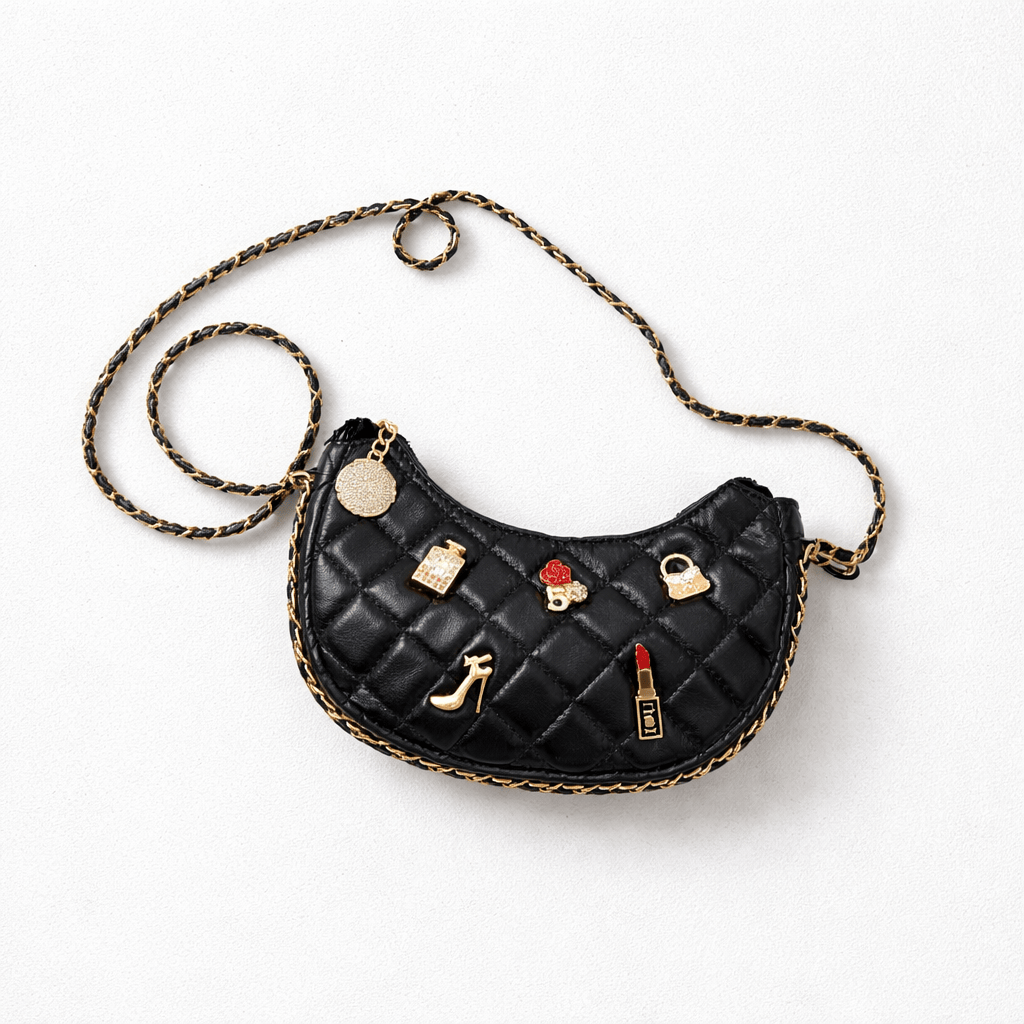 Half Moon Black Purse with Chain Shoulder Strap & Decorations