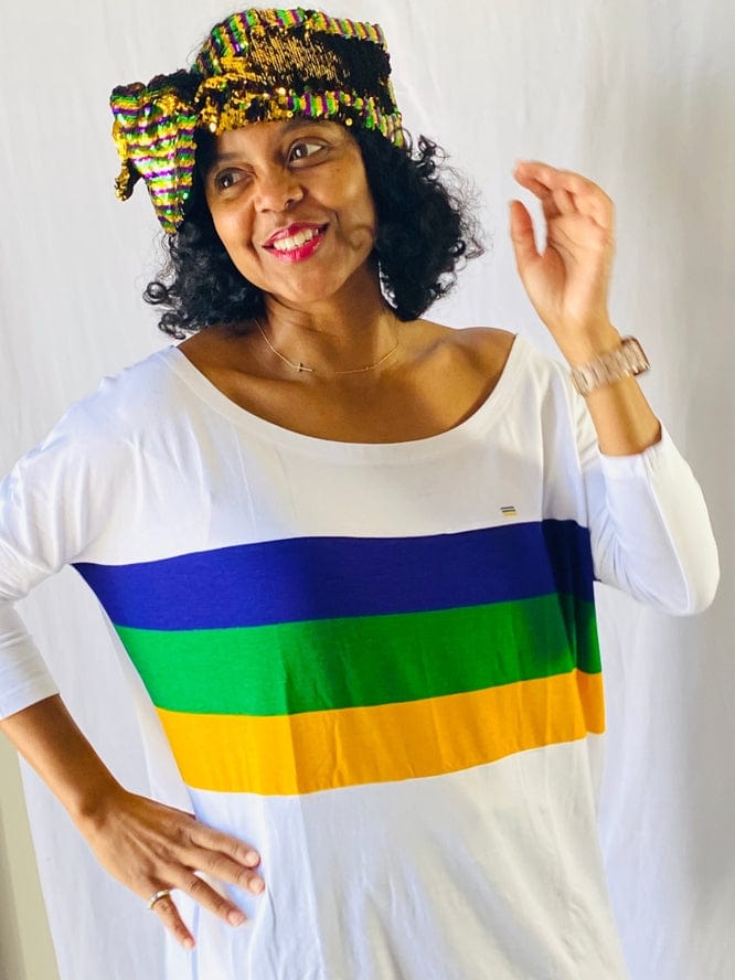 Mardi Gras Creations Mardi Gras Creations Mardi Gras Stripe Off Shoulder Jersey Top in Off White - Little Miss Muffin Children & Home