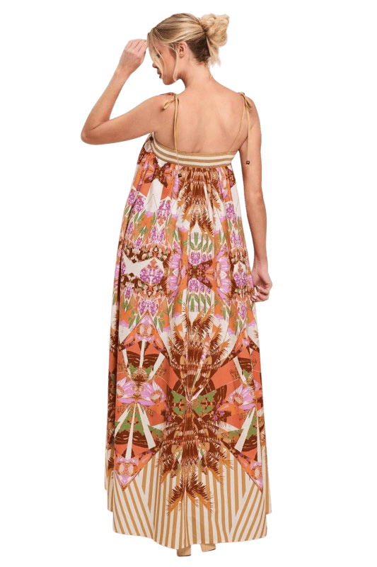 Orange Pink Abstract Stripes Tie Shoulder Printed Woven Maxi Dress
