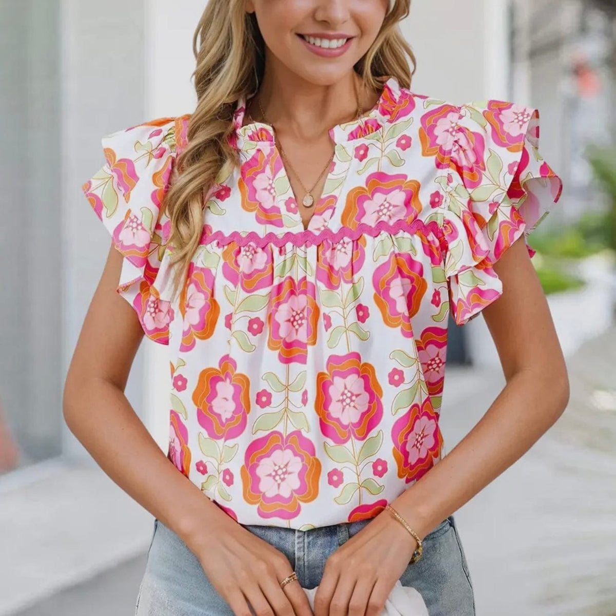 Aapparella Aapparella Floral Ruffled Sleeve Ric-Rac Trim Shift Blouse - Little Miss Muffin Children & Home