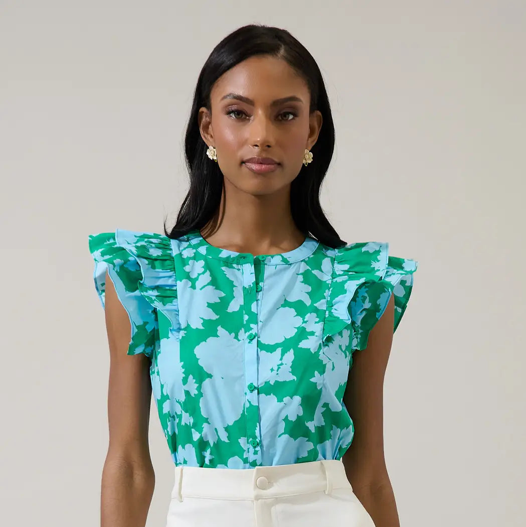 Riona Floral Sammi Button Down Ruffle Top