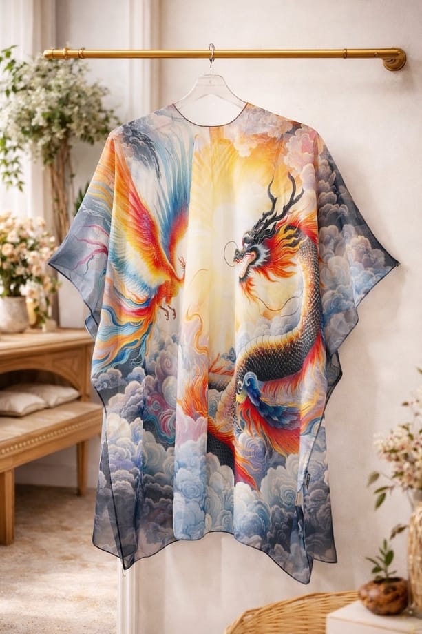 Multicolor Dragon & Phoenix Cloudscape Open-Front Kimono Cover-Up