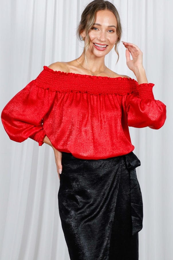 Vine & Love Vine & Love Smocked Off-the-Shoulder Metallic Blouse in Red - Little Miss Muffin Children & Home