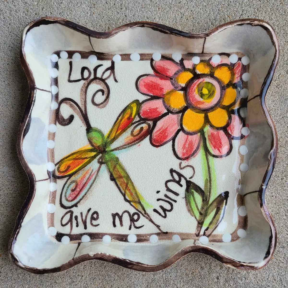 Candle Plate with Gray White Dragonfly Flowers Wings