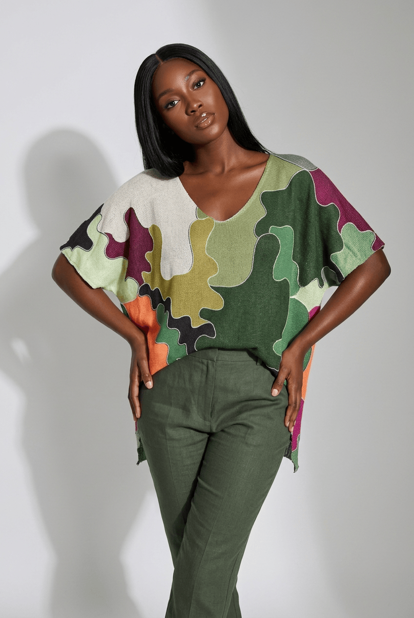 Loowie Camo Floral V-Neck Knit Short Sleeve Sweater – Bold Abstract Print Top
