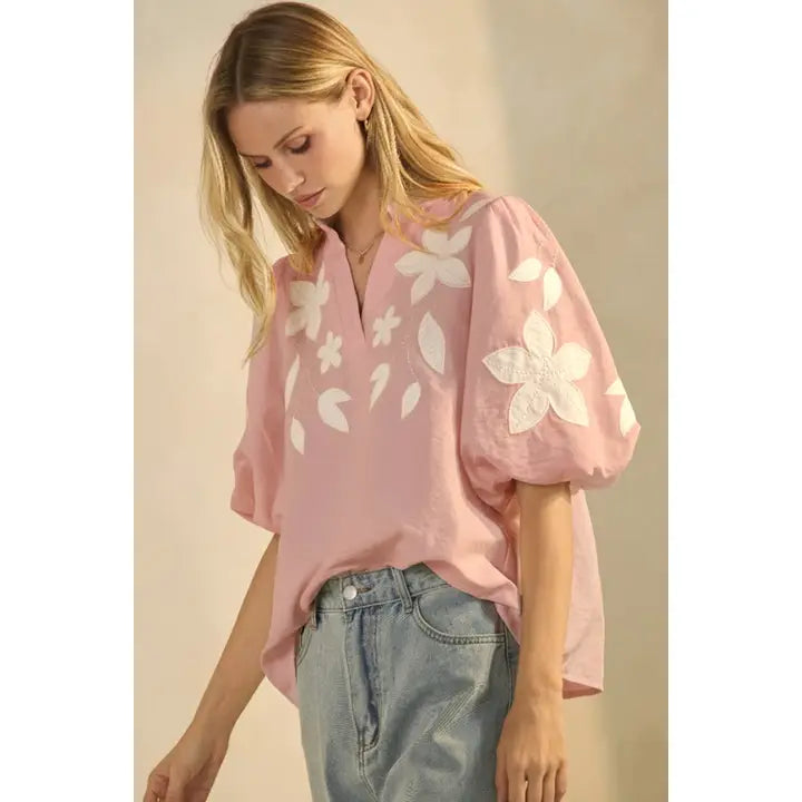Washed Suede Puff Sleeve Top with Embroidered Floral Applique