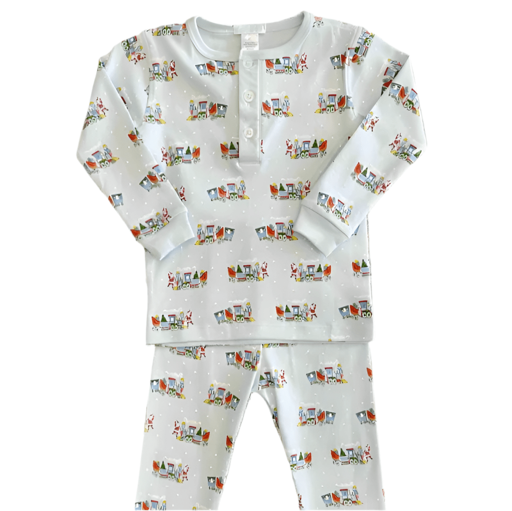 Lulu Bebe Lulu Bebe Blue Christmas Train Pima Long Sleeve Boy 2pc PJ - Little Miss Muffin Children & Home