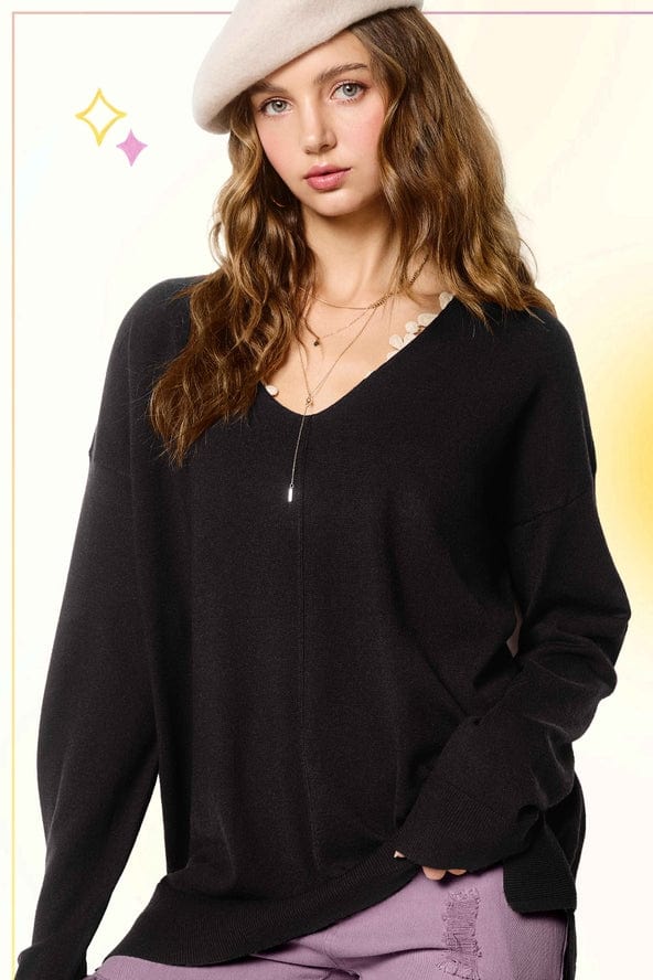 La Miel La Miel Lightweight V-Neck Sweater in Black - Little Miss Muffin Children & Home