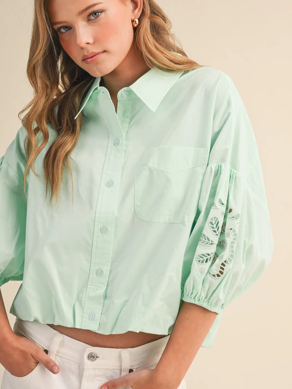 Eyelet Embroidered Puffy Sleeve Button Dow Top in Jelly Mint