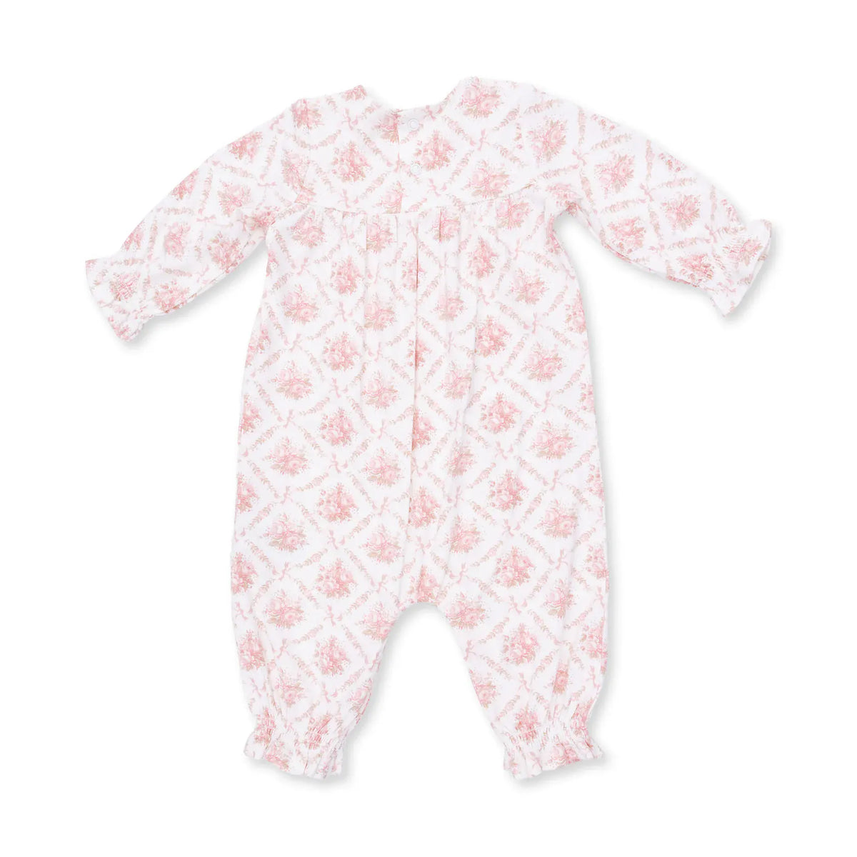 Rose Bow Lattice Smocked Long Sleeve Romper