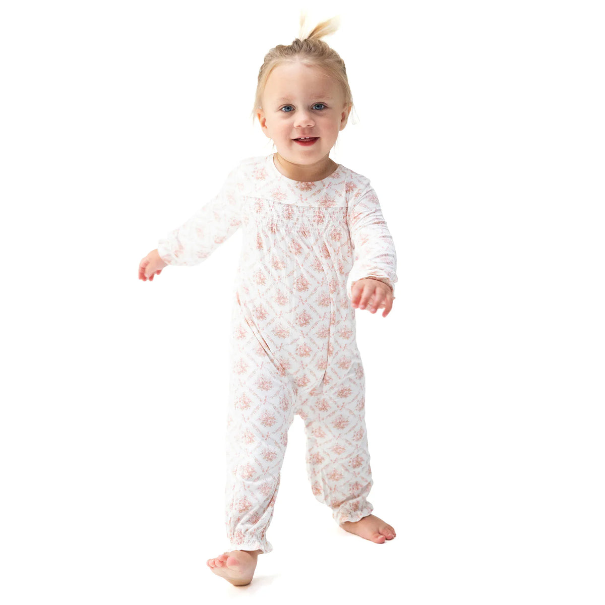 Rose Bow Lattice Smocked Long Sleeve Romper