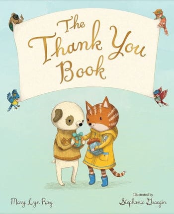 Children's book titled 'The Thank You Book' with illustrations of a bear and a fox holding hands.