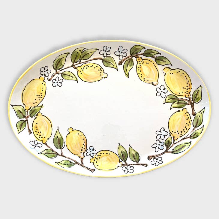 Magnolia Creative Co Lemon Oval Platter, hand-painted lemons, leaves and white flowers