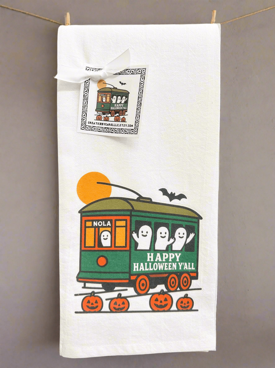 Happy Halloween street car tea towel