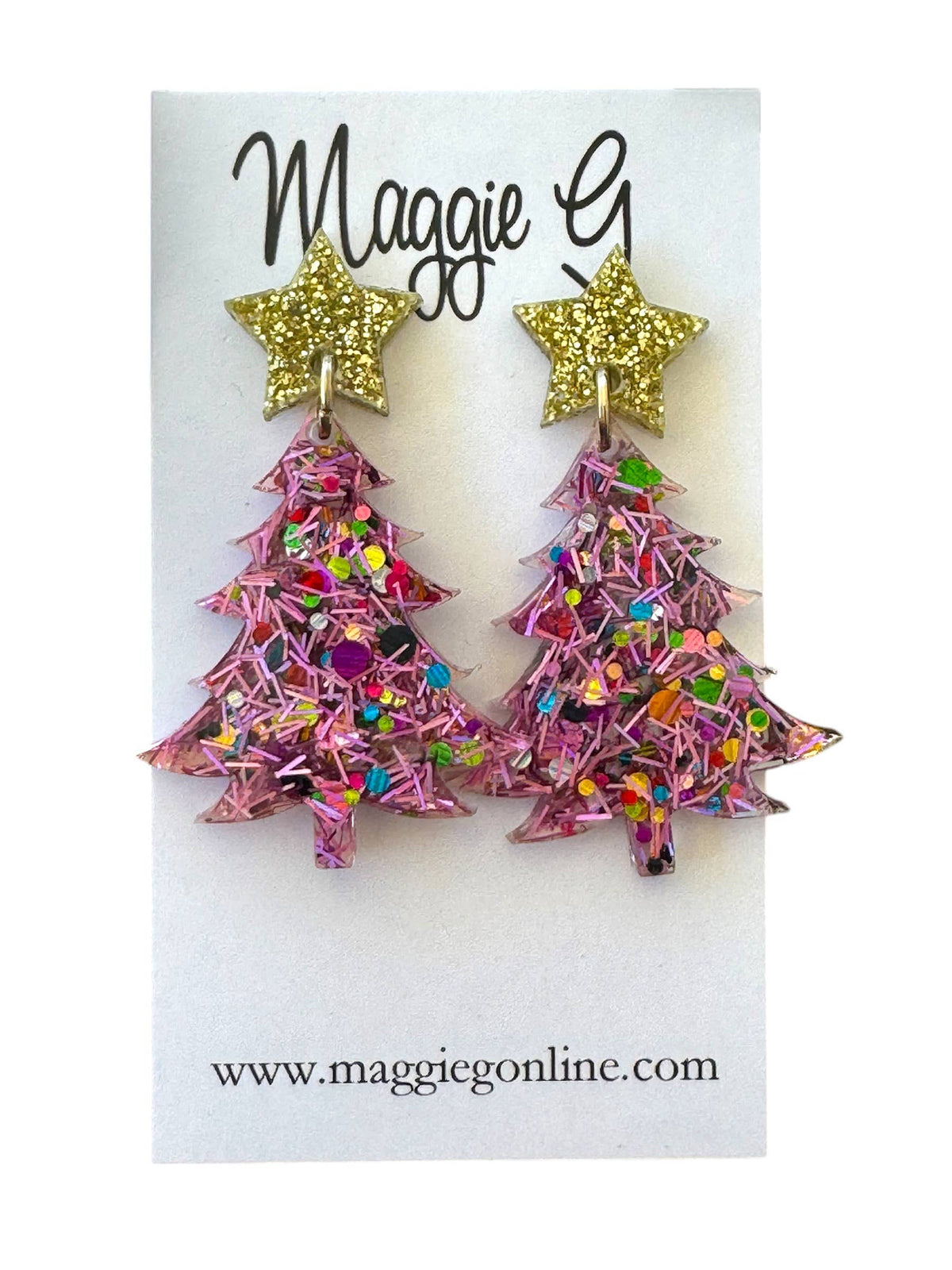 Christmas Tree Pink Tinsel Resin Earrings