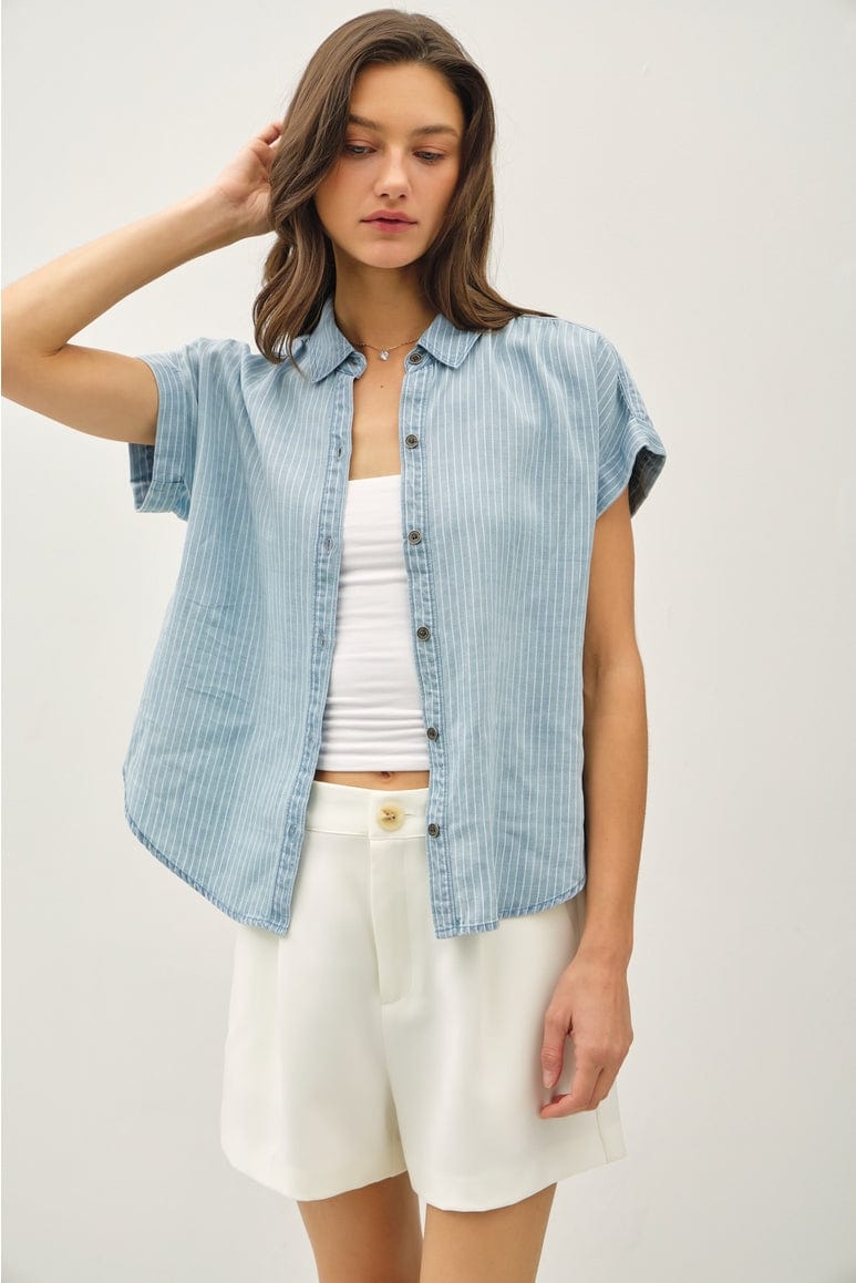Be Cool Be Cool Striped Tencel Button Up Top with Rolled Sleeves - Little Miss Muffin Children & Home