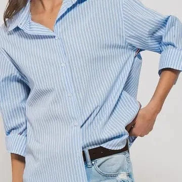 Urban Daizy Urban Daizy Twill Tape Button Down Oversized Stripe Shirt in Blue Stripe - Little Miss Muffin Children & Home