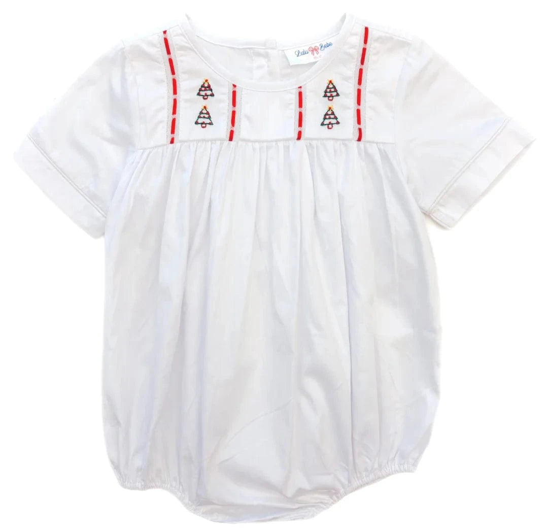 white baby romper with christmas trees