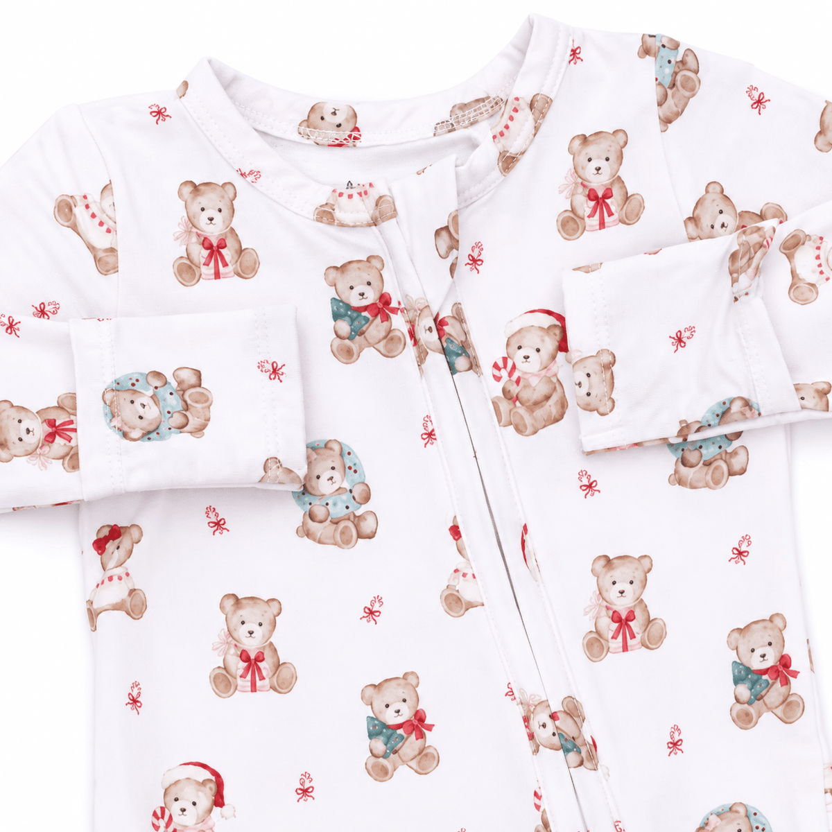 Christmas Teddy Bears Pink 2 Way Ruffle Back Zipper Footie