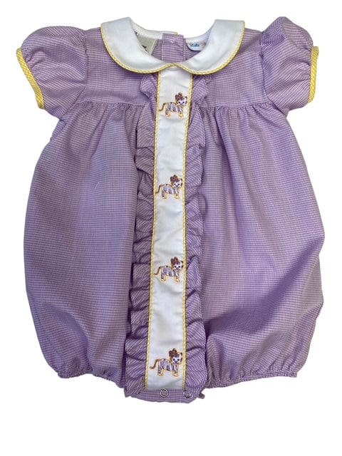 Lulu Bebe Milly LSU Tiger Embroidered Lavender Gingham Bubble - Little Miss Muffin Children & Home