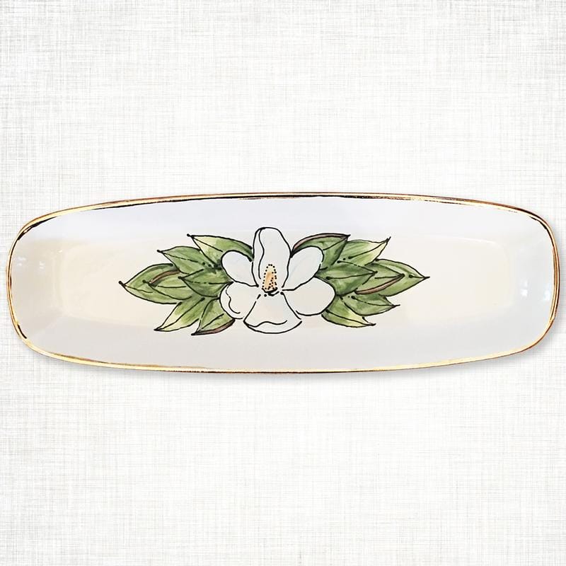 Magnolia Creative Co Magnolia Bread Tray, hand-painted magnolia with 22k gold trim