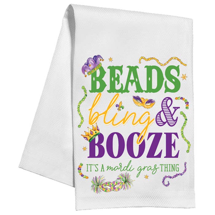 mardi gras beads bling and booze kitchen towel