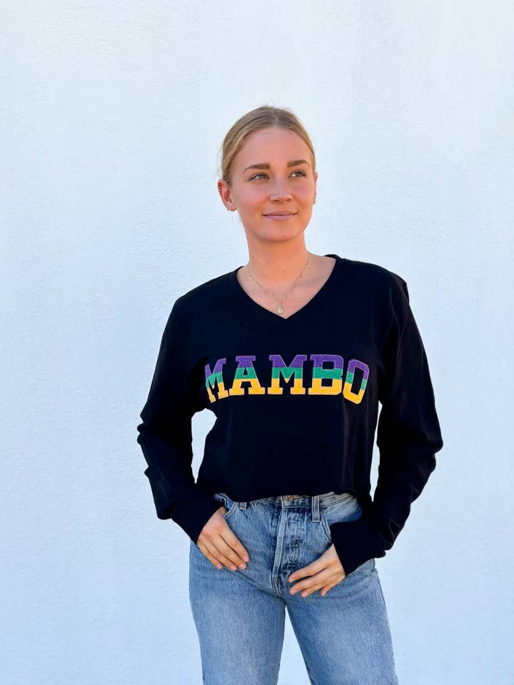 Black Mardi Gras French Terry Adult Vintage MAMBO Crop Shirt