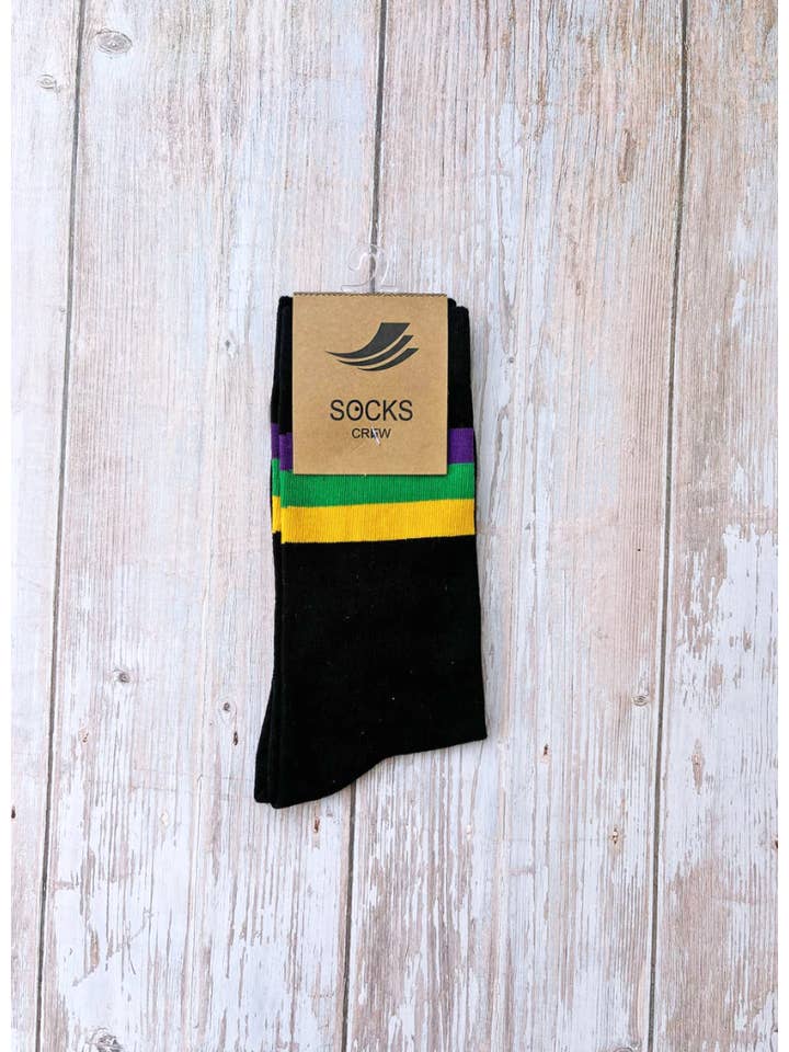 Black Mardi Gras Stripe Ribbed Adult Crew Socks