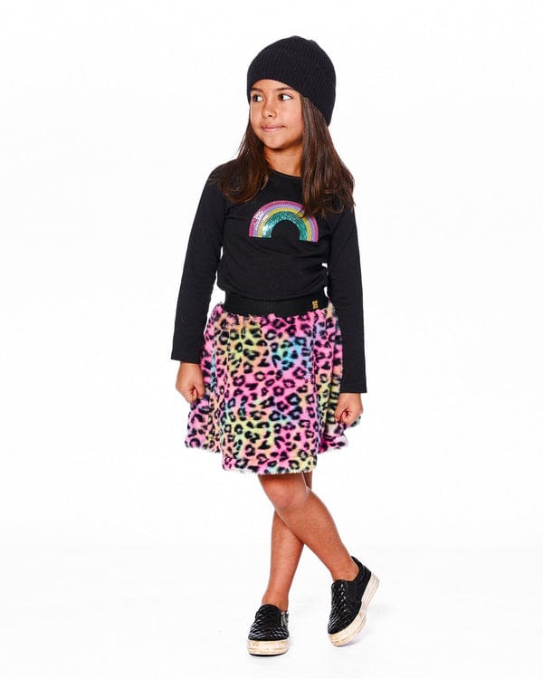 Black long-sleeve shirt with a colorful rainbow design