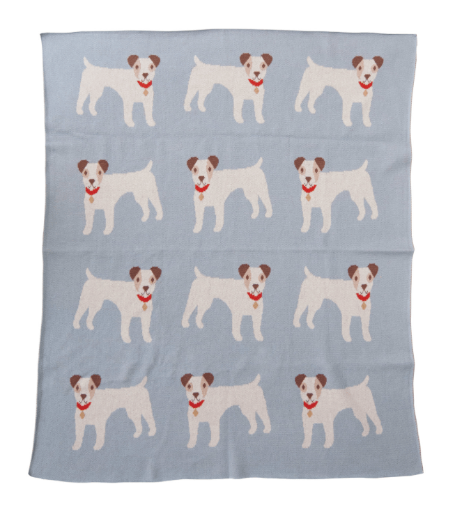 Blue Cotton Knit Baby Blanket with Dogs