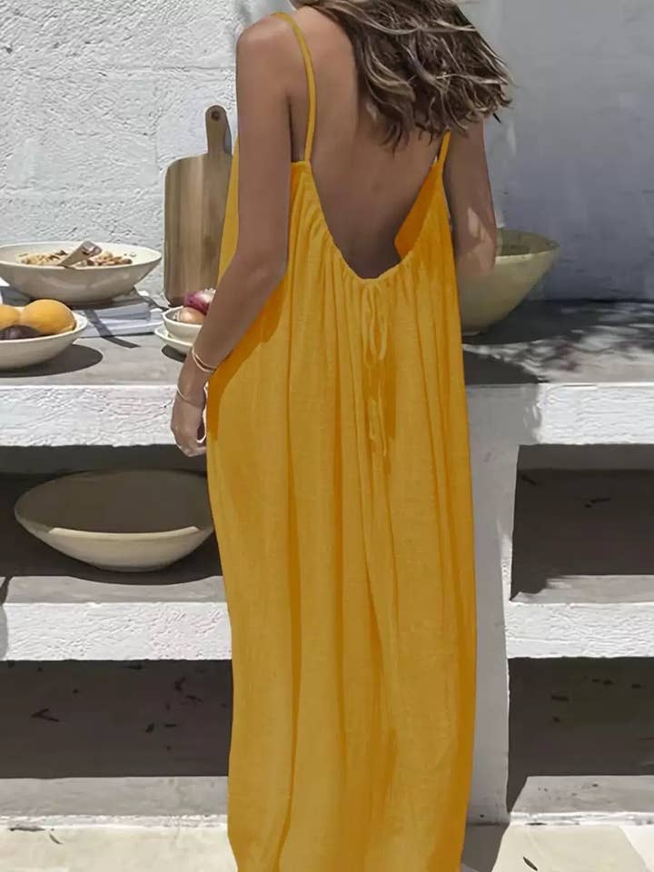 Boho Beach Backless Tie Cami Maxi Dress in Yellow