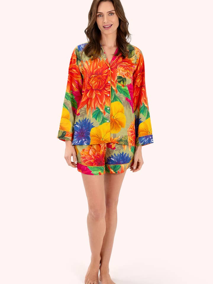 red and blue floral two piece pajamas