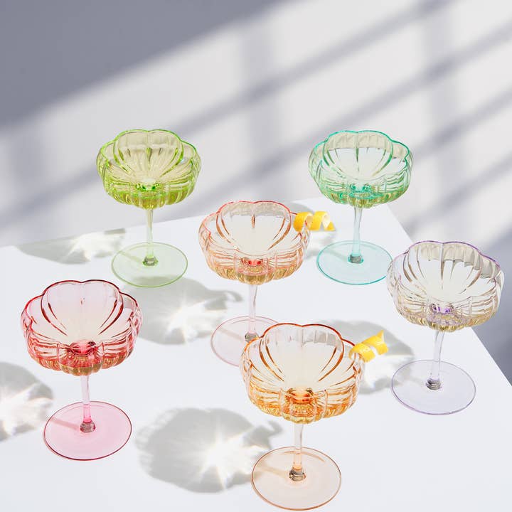 Bright Colored Flower Coupe Cocktail Glasses, Set of 6