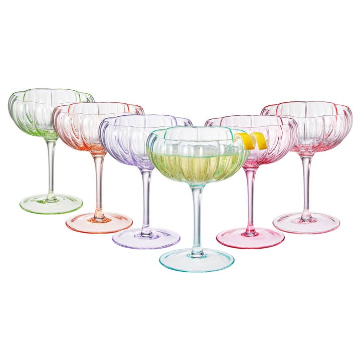 Bright Colored Flower Coupe Cocktail Glasses, Set of 6