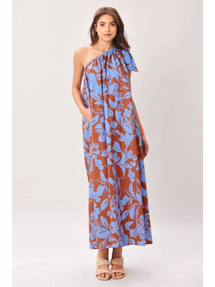 Brown One Shoulder Lagoon Flow Woven Midi Dress