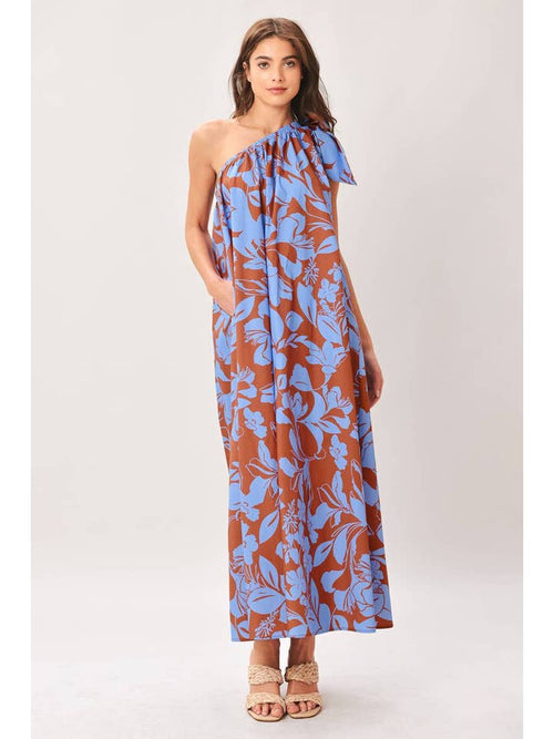 Brown One Shoulder Lagoon Flow Woven Midi Dress