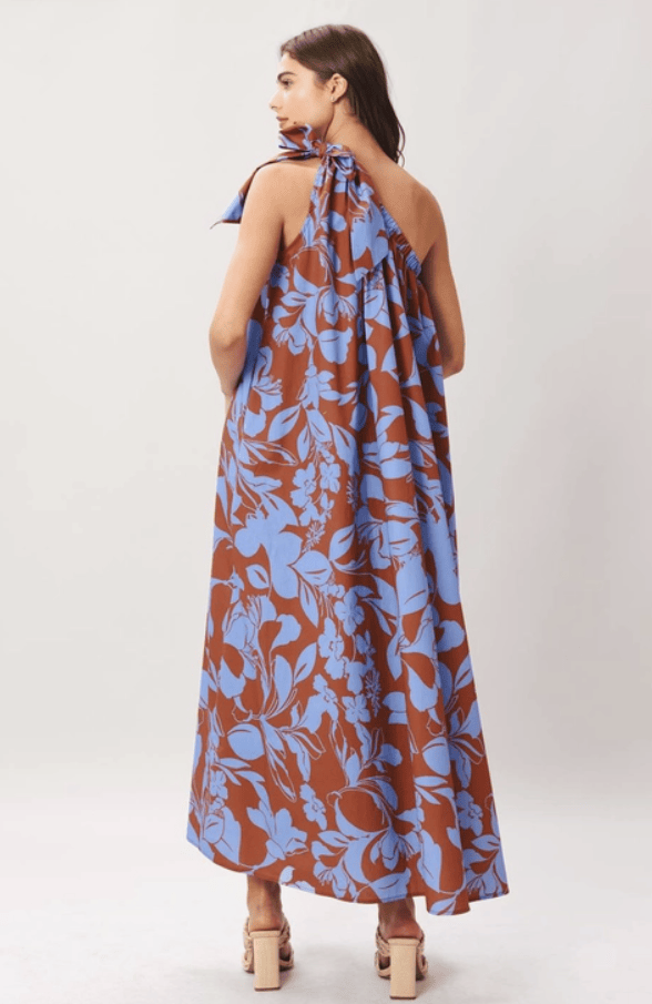 Brown One Shoulder Lagoon Flow Woven Midi Dress