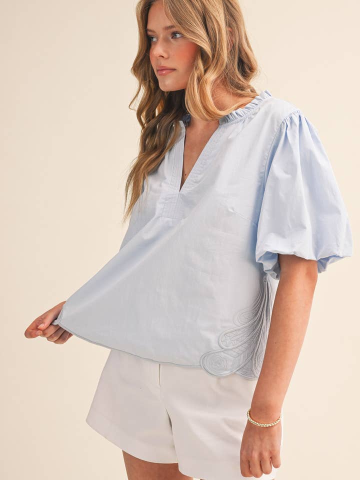Bubble Sleeve V-Neck Top with Embroidery