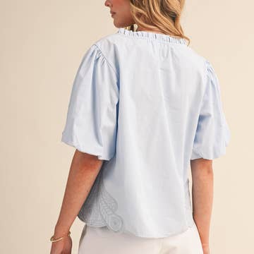 Bubble Sleeve V-Neck Top with Embroidery