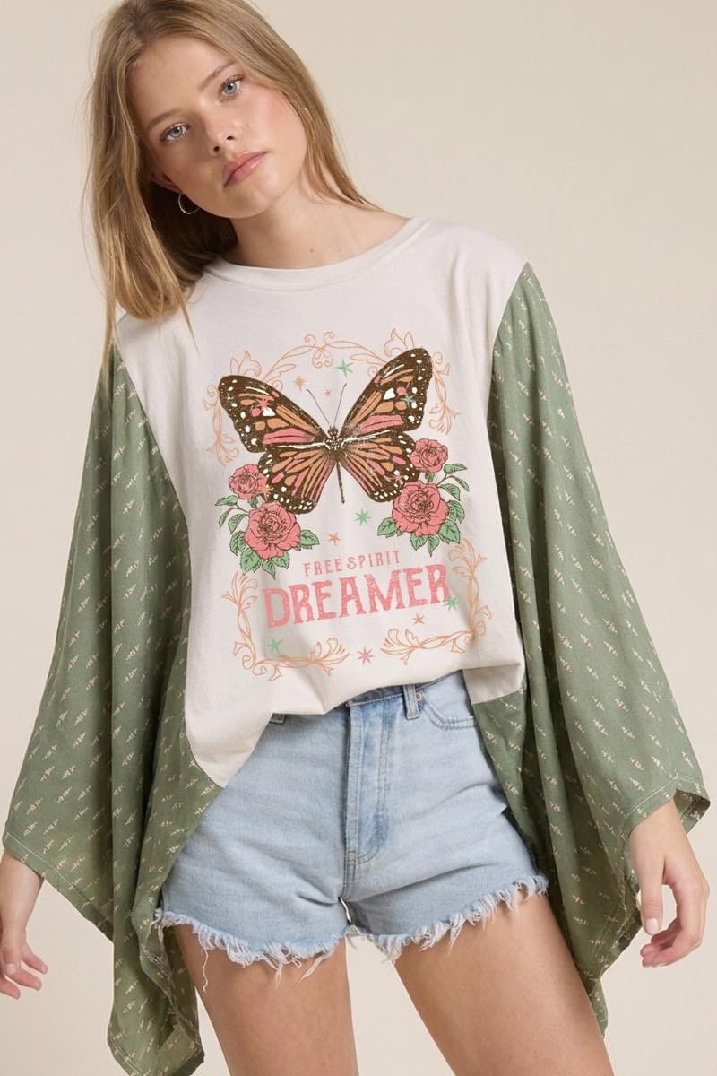 Butterfly Dreamer Vintage Graphic Kaftan Sleeve Top
